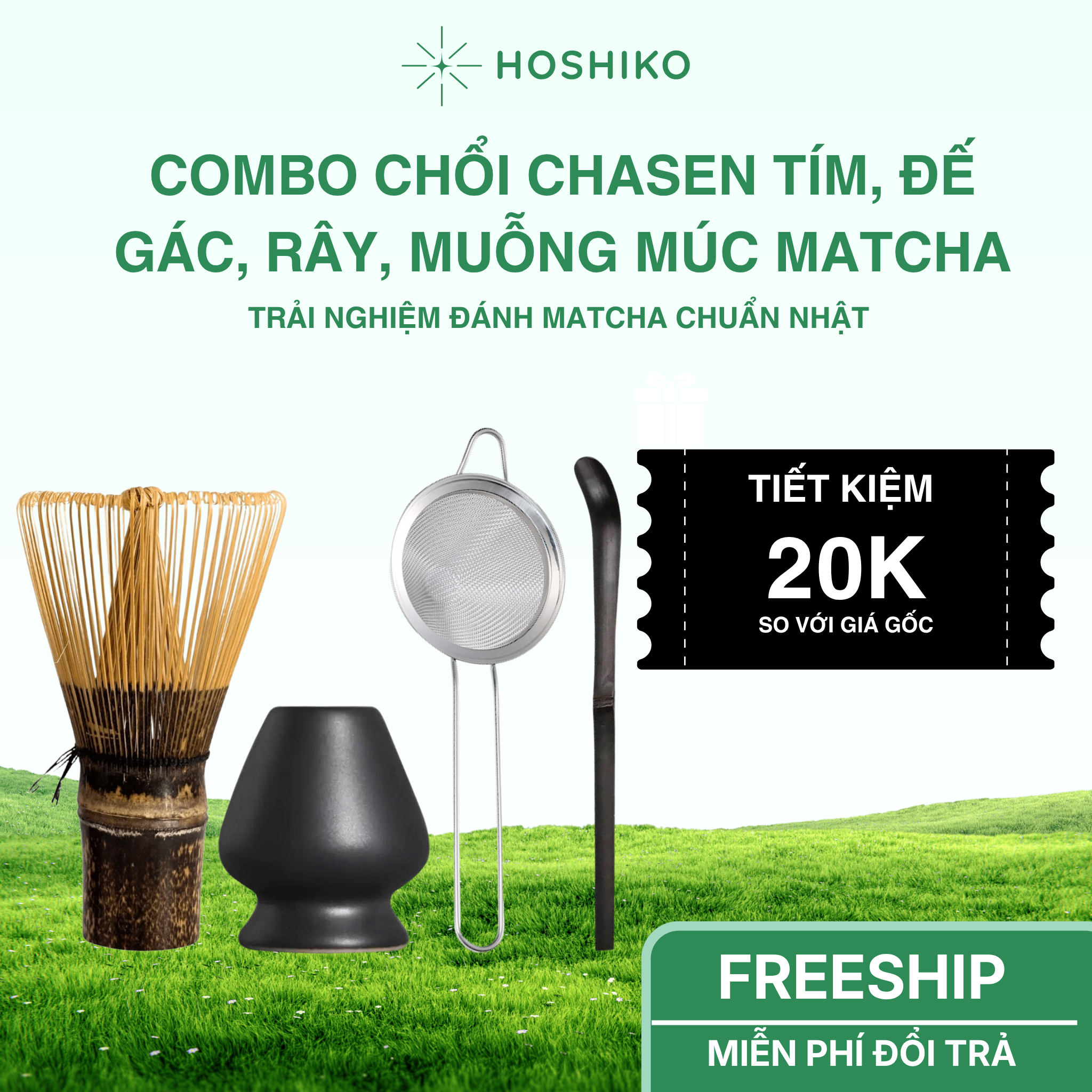 Combo Dụng Cụ Matcha Hoshiko - Chổi Chasen Tím + Đế Gác + Muỗng Tre - Ảnh 2